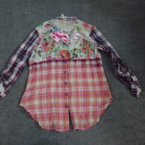 Cyrena Womens Shirt M Blue Red Plaid Embroidered Tab Sleeves Boho Festival